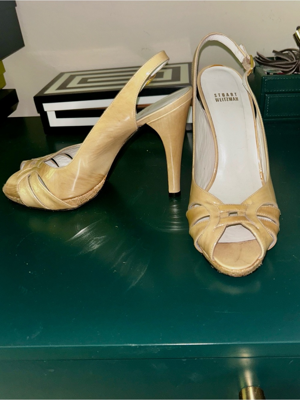 Vintage Stuart Weitzman Beige Tan Peep-Toe Slingback Heels